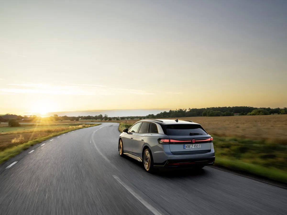 Volkswagen ID.7 Tourer from the rear, on the move